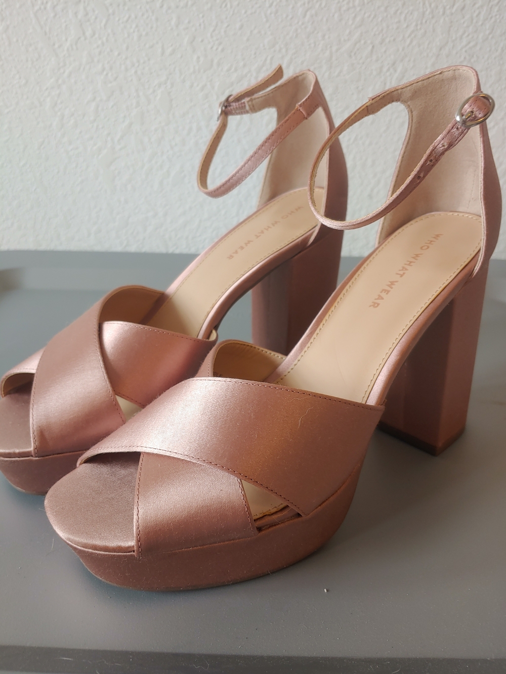 Platform Ankle-Strap Block Heels in Rose Gold